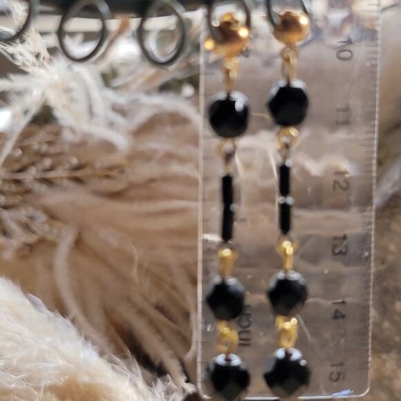 Vintage 1980s Black Bead Dangle Earrings Gold Tone Long Drop New Old Stock NOS - Picture 5 of 8